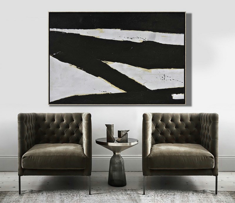 Original Abstract Painting Canvas Art,Horizontal Palette Knife Minimal Canvas Art Painting Black White Beige - Extra Large Canvas Art,Handmade Acrylic Painting